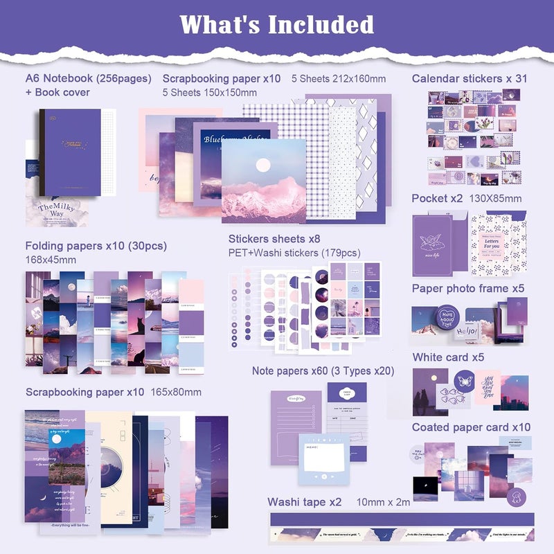OFFIGIFT Scrapbooking Supplies Kit, 351pcs Bullet Junk Journal Kit with Journaling Supplies Aesthetic Scrapbook Paper A6 Grid Notebook, Scrapbook Kit, Craft DIY Gift for Adult Women, Moonlight - Image 4